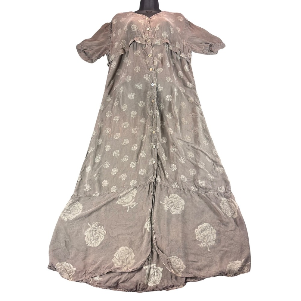 Johnny Was Collection Rose Print Button Front Maxi Dress Brown Rayon Large USA